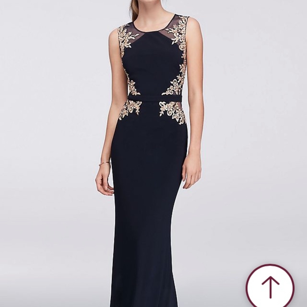 Embroidered high neck illusion sheath dress, navy